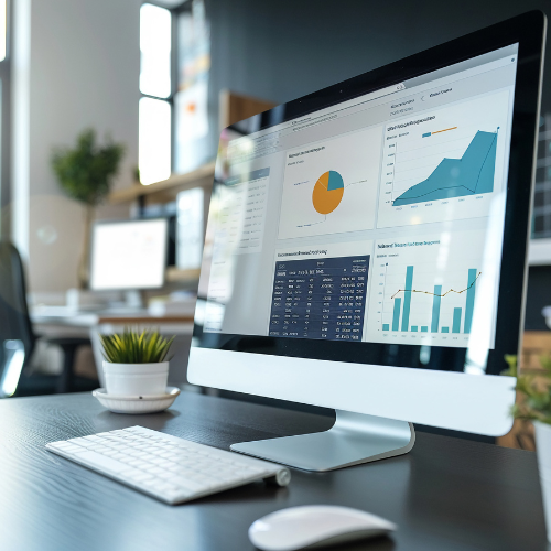 Computer screen displaying business analytics dashboards and charts in a modern office setting.