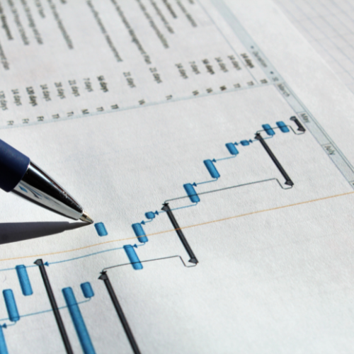 Close-up of a pen pointing to a project timeline chart on a printed document.